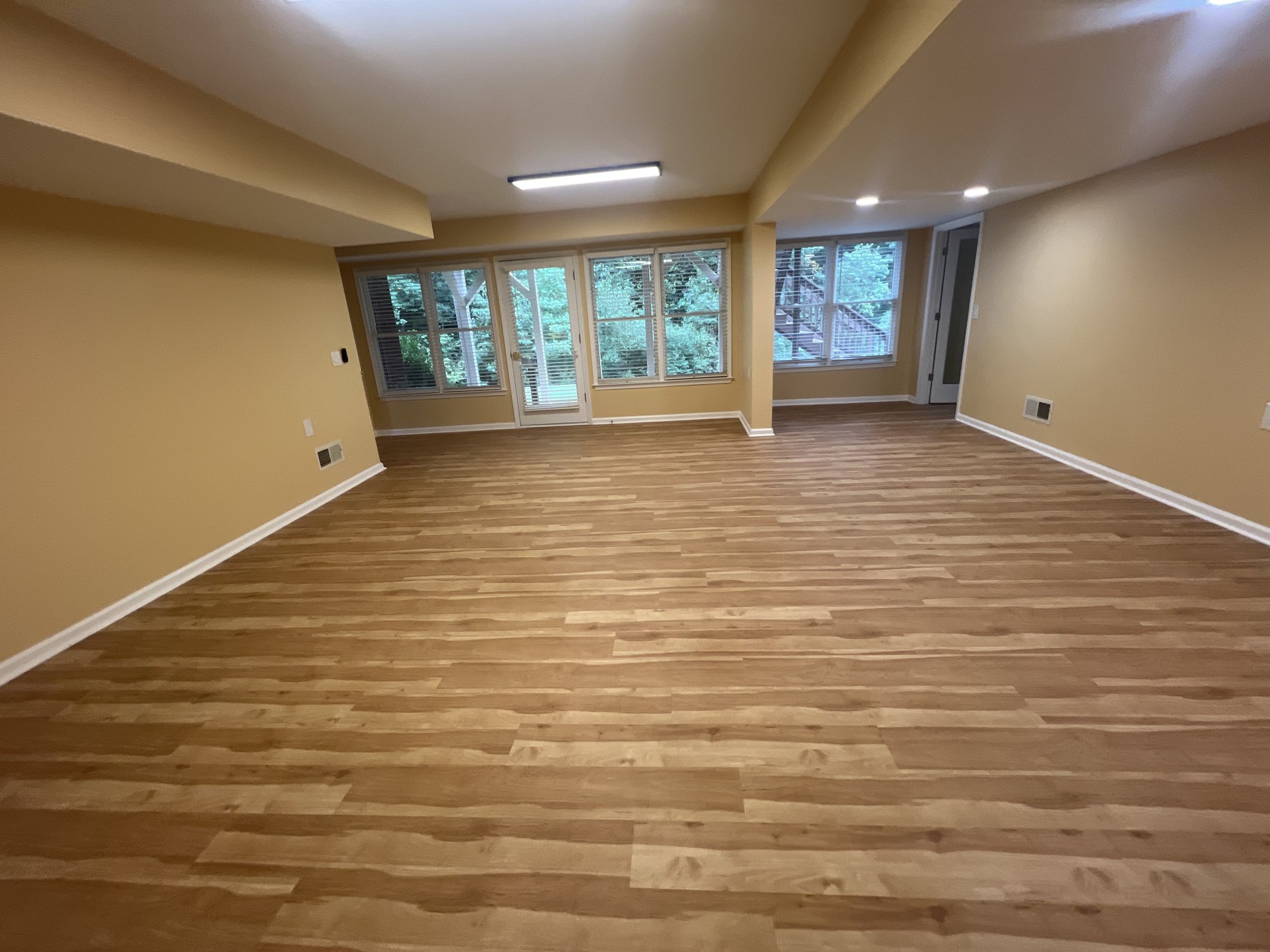 Interior room with wood-look plank flooring, painted walls, windows, and a glass door
